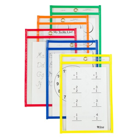 C-Line Products 6" x 9" Assorted Primary Colors Vinyl Reusable Dry Erase Pockets, 10PK 41610